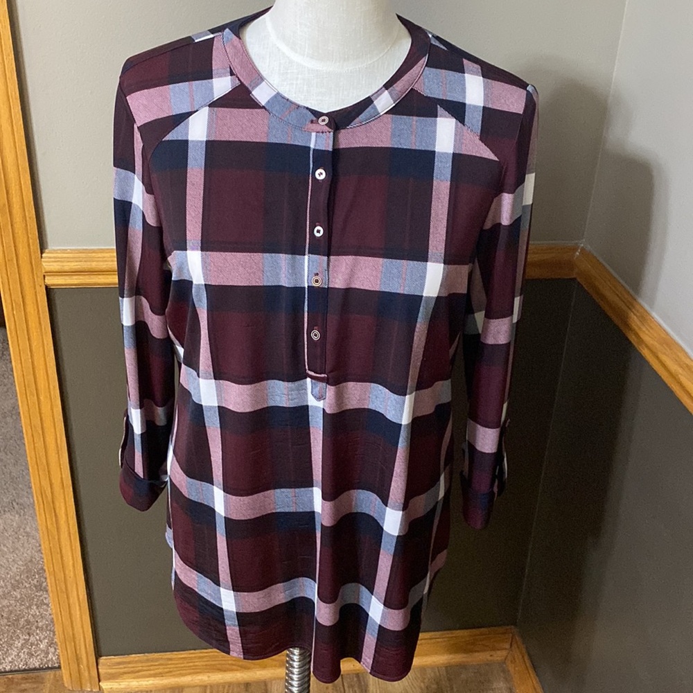Peter Nygard maroon, navy and cream plaid tunic top 3/4 sleeve size PM